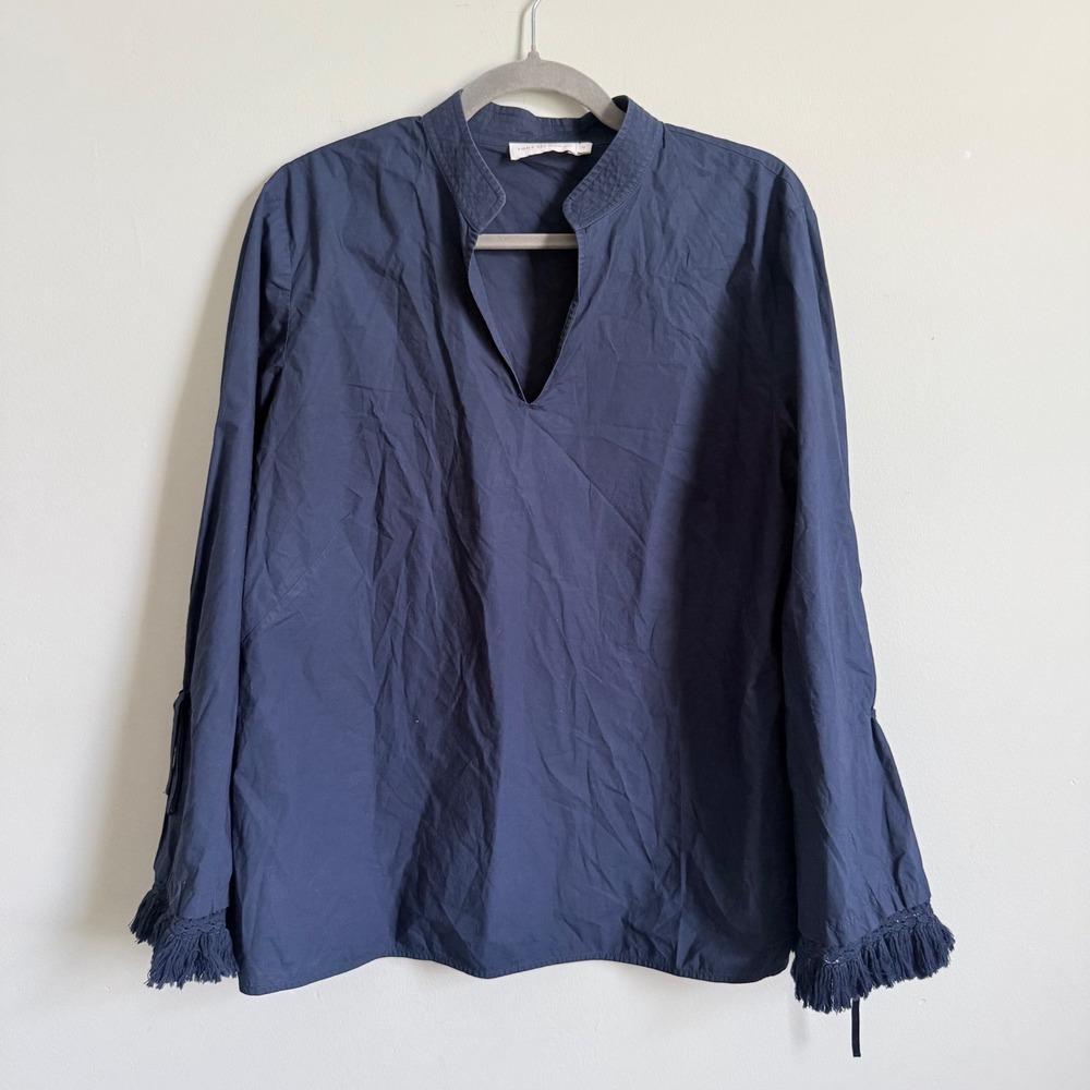 Tory Burch Sophie Fringed Cotton Poplin Blouse Navy Blue Split Neck Top Size 12